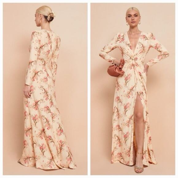 NWT Reformation Gatsby Floral Long Sleeve V Neck Dress Gown Leila Size 0 - Picture 2 of 6